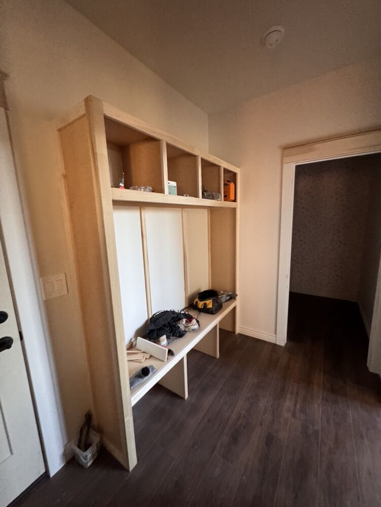 New Tallgrass build, built-in mudroom shelving in progress