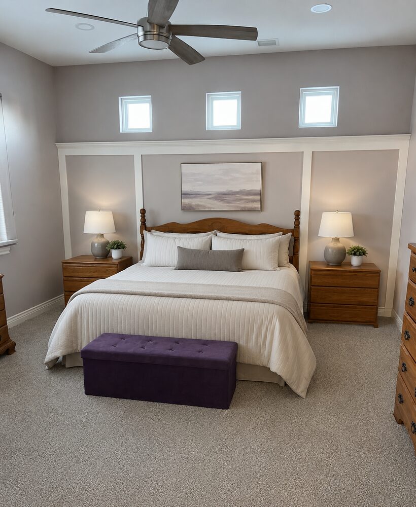 Finished master bedroom with board-and-batten accent wall and wainscoting