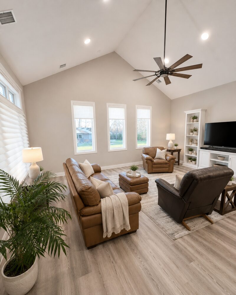 Finished living room with vaulted ceiling and leather furniture