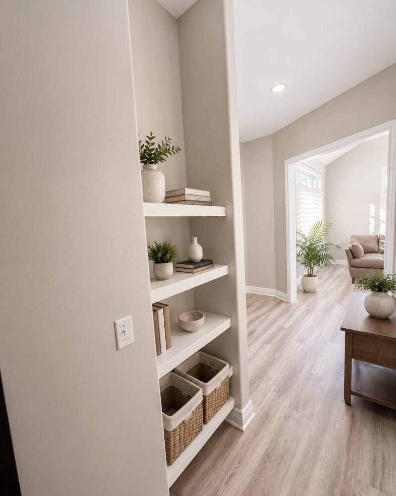 Finished hallway with built-in floating shelves