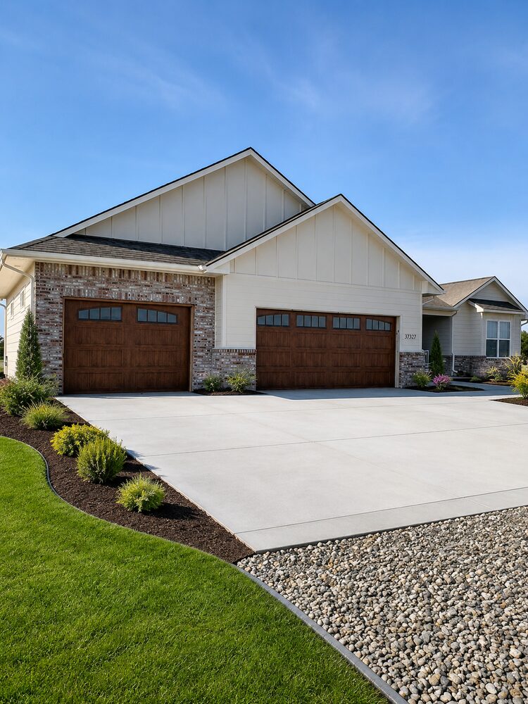 New Tallgrass custom home, three-car garage and driveway exterior