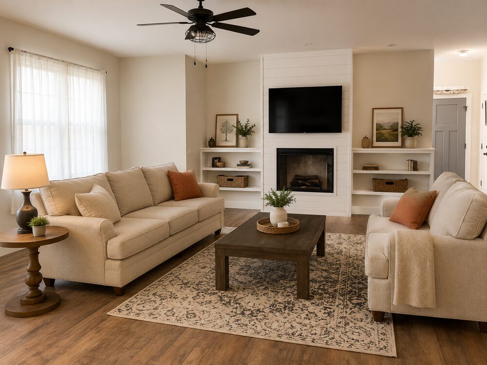 New Tallgrass build, living room with shiplap fireplace and built-in shelving