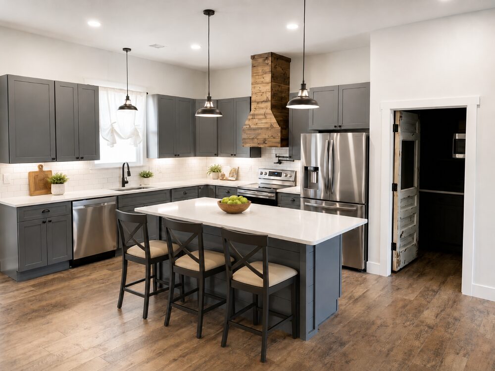 New Tallgrass build, kitchen with gray cabinetry and wood range hood