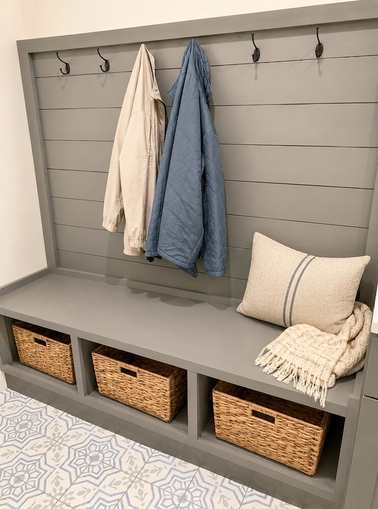 New Tallgrass build, mudroom bench with hooks and woven baskets