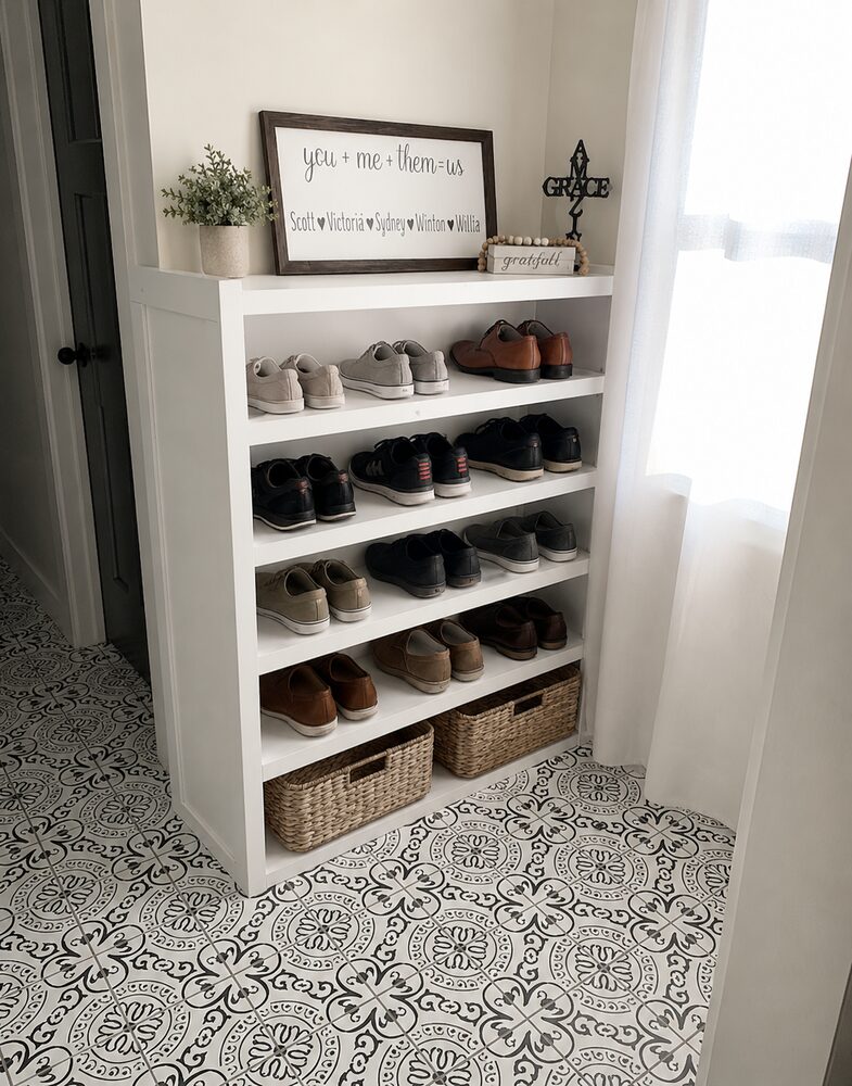 New Tallgrass build, custom shoe storage shelving in mudroom