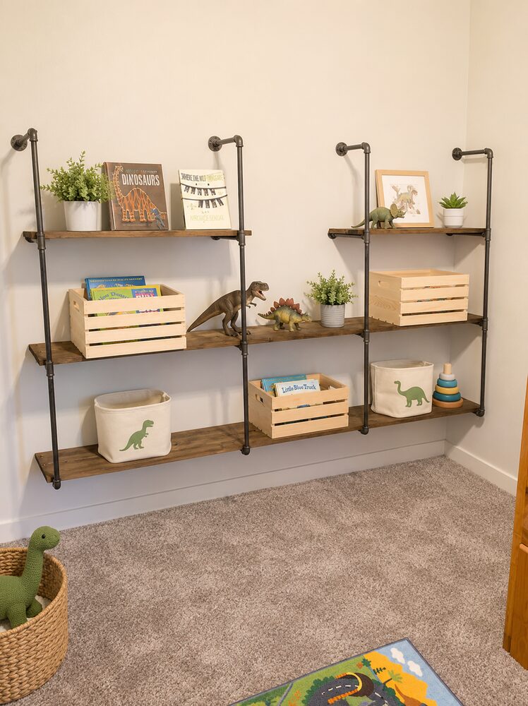 New Tallgrass build, kids room with pipe-and-wood shelving