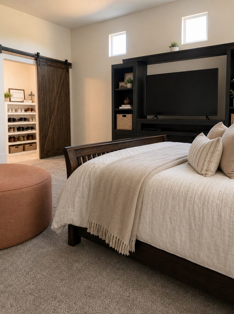New Tallgrass build, primary bedroom with barn door to closet and built-in media wall